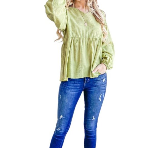 Green Spring Textured V-Neck Blouse - Picture 7 of 7